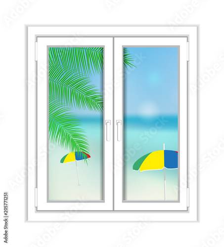Window plastic with a landscape sea view, palm and beach. Summer Illustration over white background. © nataliakarebina