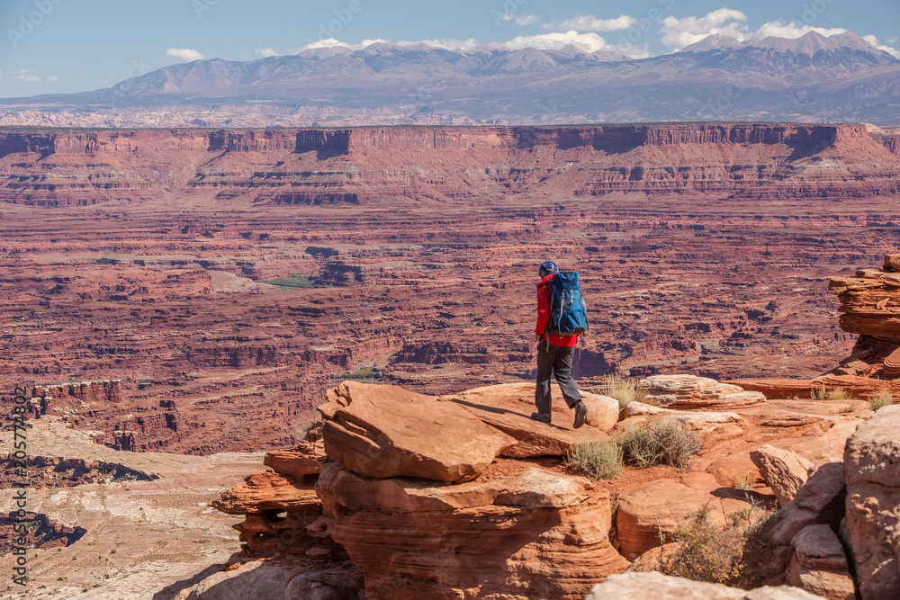Fototapeta premium Hiker in Canyonlands National park in Utah, USA