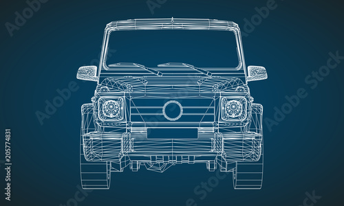 Model of premium frame SUV with a classic design. Vector illustration of a white polygonal triangular grid on a blue background.