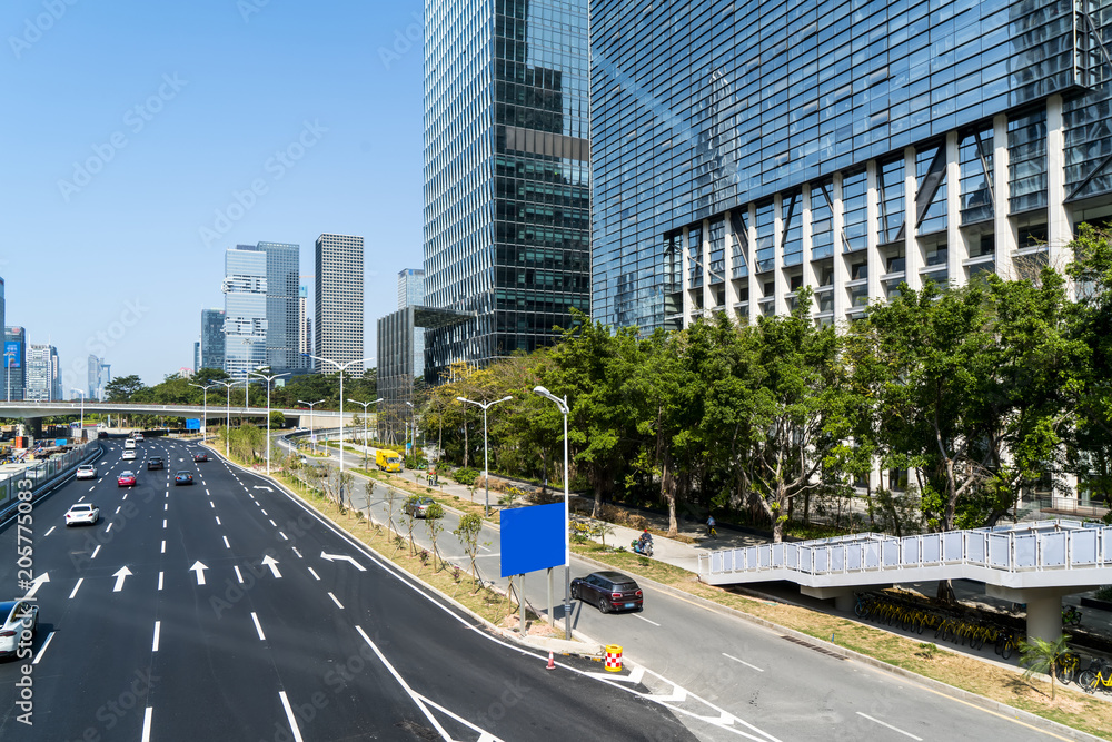 The modern buildings of the city skyscrapers.