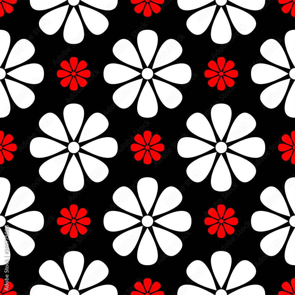 Seamless floral pattern. Red and white elements on black background.