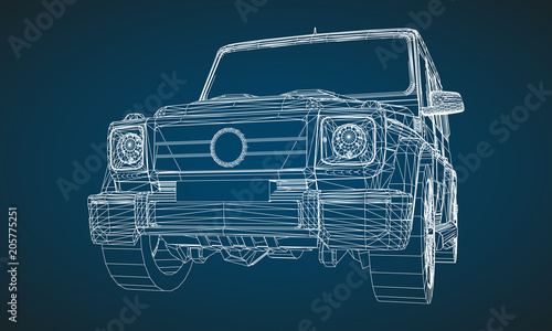 Model of premium frame SUV with a classic design. Vector illustration of a white polygonal triangular grid on a blue background.