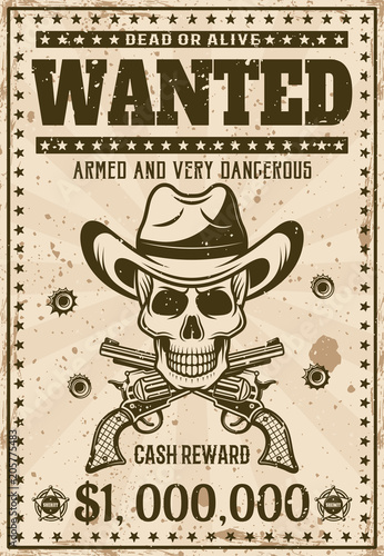 Wanted vintage western poster with cowboy skull