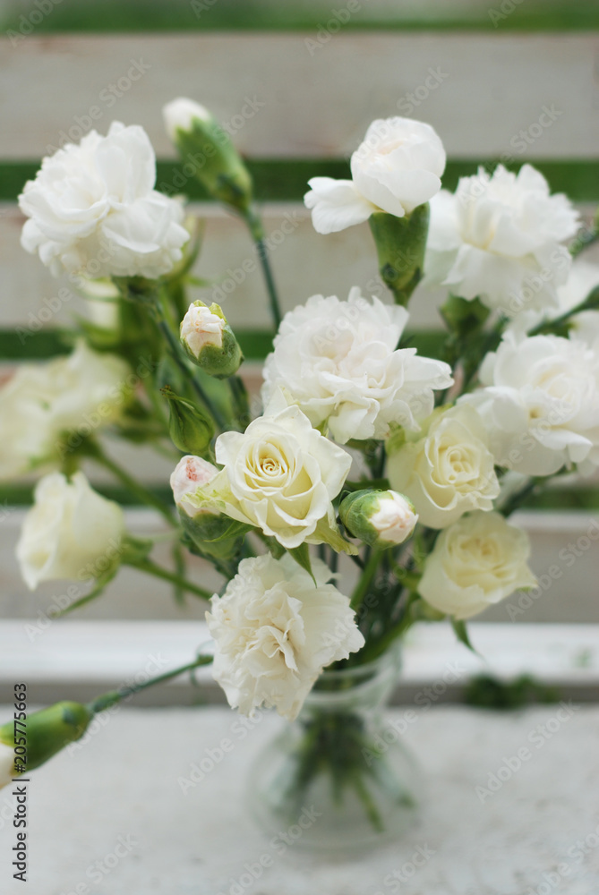 White Carnation Dianthus Flower Bouquet Bloom Summer Time. Vertical image. White Carnation Dianthus Flower Bouquet Bloom Summer Time. Vertical image.