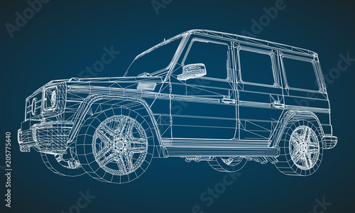 Model of premium frame SUV with a classic design. Vector illustration of a white polygonal triangular grid on a blue background.