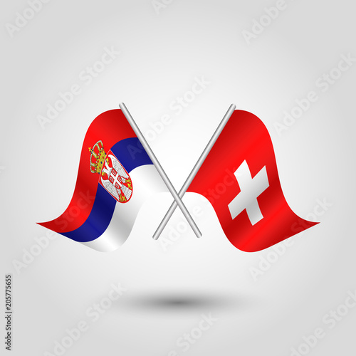 vector two crossed serbian and swiss flags on silver sticks - symbol of serbia and switzerland
