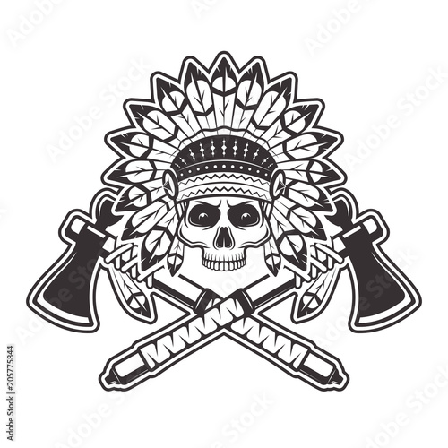 Indian chief skull with tomahawks illustration