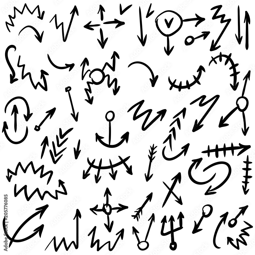 Arrow doodles vector. A set of simple sketches of arrows. Up, down, left, right ones. The effect of a pencil sketch isolated on white background. Vector eps 10. Arrow doodles vector. A set of simple sketches of arrows. Up, down, left, right ones. The effect of a pencil sketch isolated on white background. Vector eps 10.