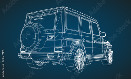 Model of premium frame SUV with a classic design. Vector illustration of a white polygonal triangular grid on a blue background.