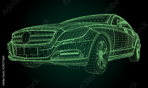 The model sports a premium sedan. Vector illustration in the form of a green polygonal triangular grid on a black background.