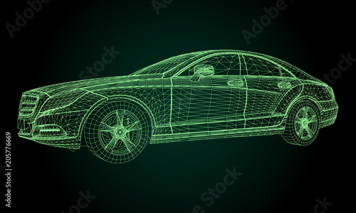 The model sports a premium sedan. Vector illustration in the form of a green polygonal triangular grid on a black background.