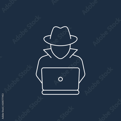 Spy agent searching on laptop. Detective icon