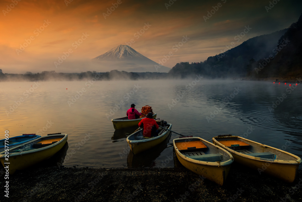 boat at Lake Shoji with mt. Fuisan at dawn
