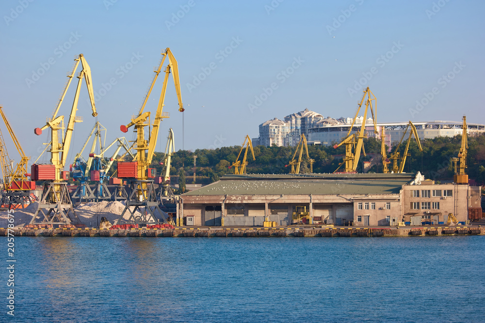 Sea port in a city. Industrial equipment of the sea port - wharf cranes.