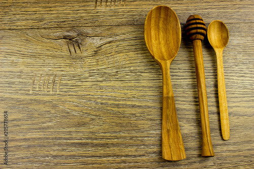 Handmade various wooden utensils. Kitchen equipment concept. Wooden desk table