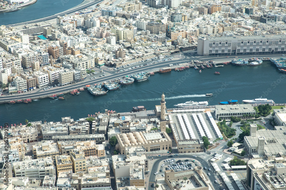 Cityscape view of Deira and Old Dubai area.