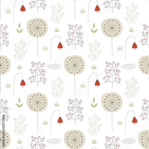 Unique hand drawn seamless pattern with floral elements. Vector illustration in monochrome scandinavian style