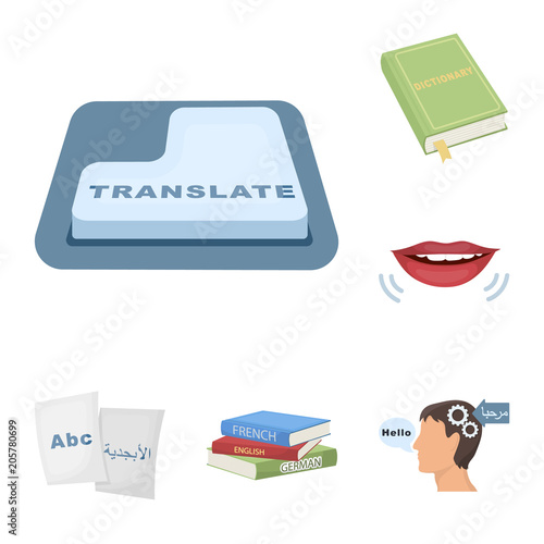 Translator and linguist cartoon icons in set collection for design. Interpreter vector symbol stock web illustration.