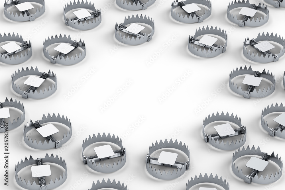 Many traps on a white background. 3D rendering illustration. Many traps on a white background. 3D rendering illustration.