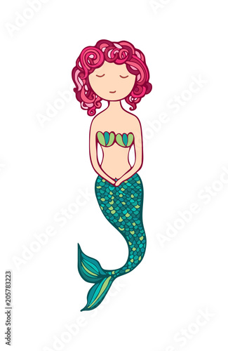 Cute mermaid on white background. Hand drawn vector illustration.