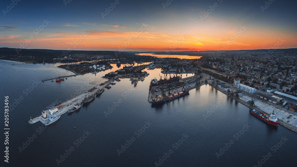 Aerial panorama drone view of sea port and industrial harbor zone in Varna