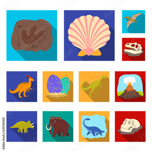 Different dinosaurs flat icons in set collection for design. Prehistoric animal vector symbol stock web illustration.