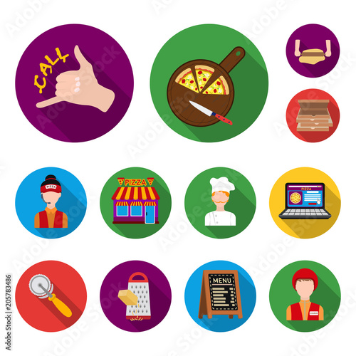 Pizza and pizzeria flat icons in set collection for design. Staff and equipment vector symbol stock web illustration.