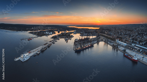 Aerial panorama drone view of sea port and industrial harbor zone in Varna