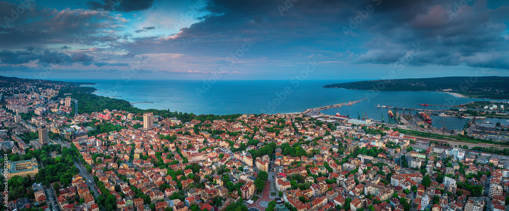 Varna, Bulgaria aerial drone view. Beautiful panorama of seascape and sea garden - obrazy, fototapety, plakaty 