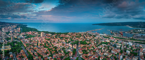 Varna, Bulgaria aerial drone view. Beautiful panorama of seascape and sea garden