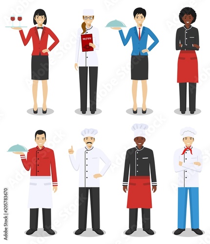 Restaurant team concept. Group of people characters: head chef, cooks, sommelier and waitress in different uniform and positions in flat style isolated on white background. Vector illustration.