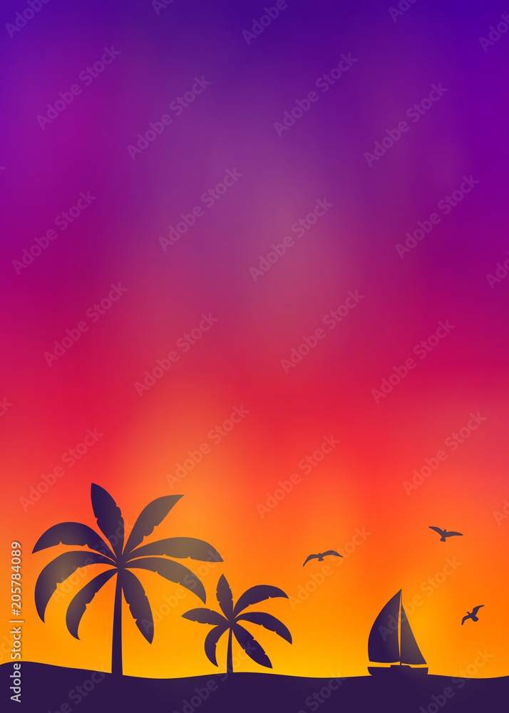 Naklejka premium Silhouette of palm trees on colourful sky - summer background with copyspace. Vector.