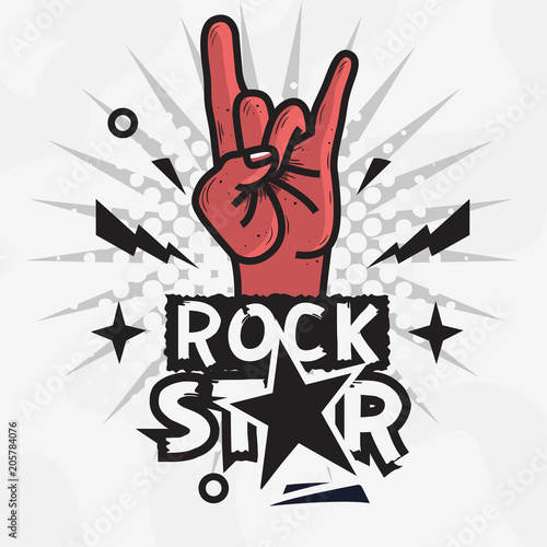 Rock Star Live To Rock Vector Design With Devil Horn Hand Gesture.