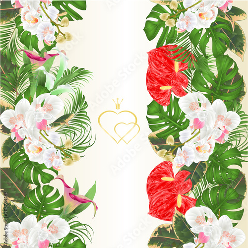 Floral vertical border seamless background bouquet with tropical flowers  floral arrangement, with beautiful white orchids ,lili, palm,philodendron  vintage vector illustration  editable hand draw