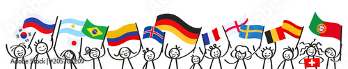 Sport Fans, Menschenmenge, Banner mit Strichfiguren und unterschiedlichen Nationalflaggen