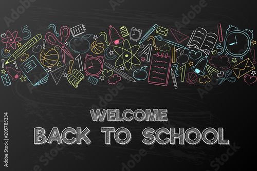 Welcome back to school - poster with hand drawn elements. Vector.