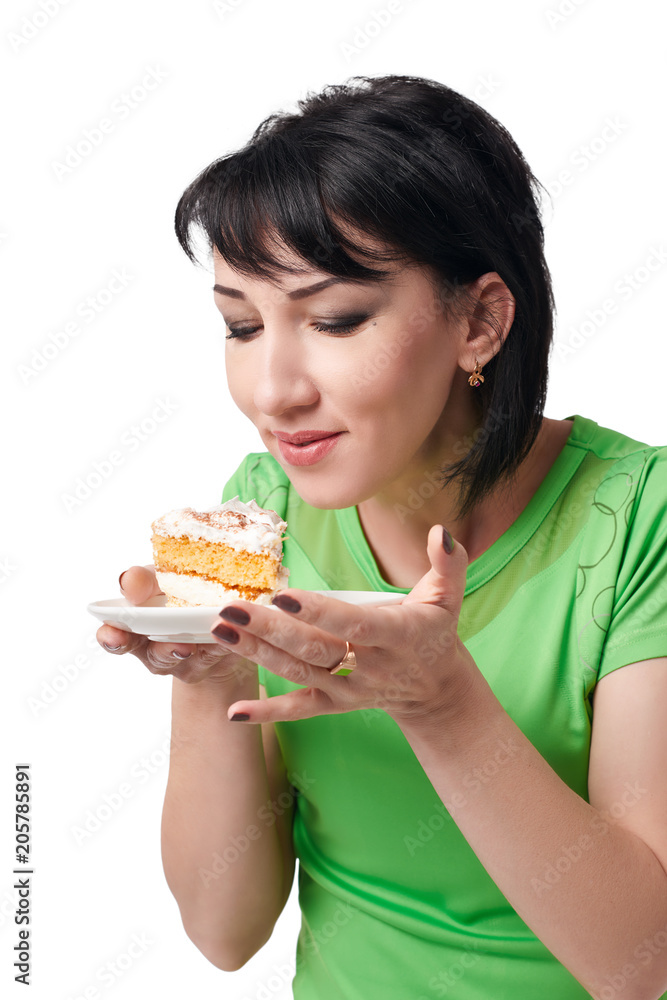 girl posing with sweet cake, isolated on white background girl posing with sweet cake, isolated on white background
