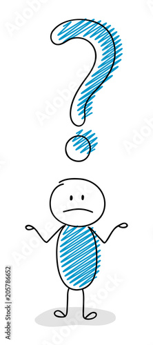 Cartoon stickman with question mark symbol - confused facial expression. Vector.