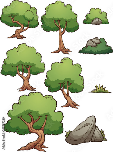 Cartoon forest trees, bushes, hedges and rocks. Vector clip art illustration with simple gradients. Each on a separate layer.