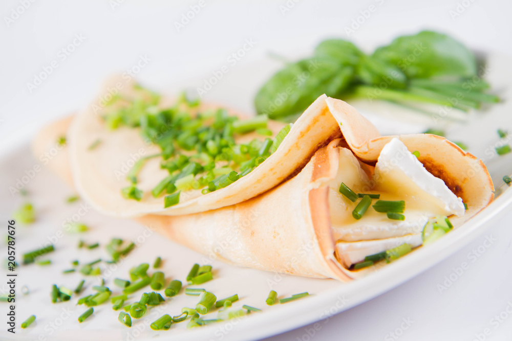 Pancake with brie cheese and chives Pancake with brie cheese and chives