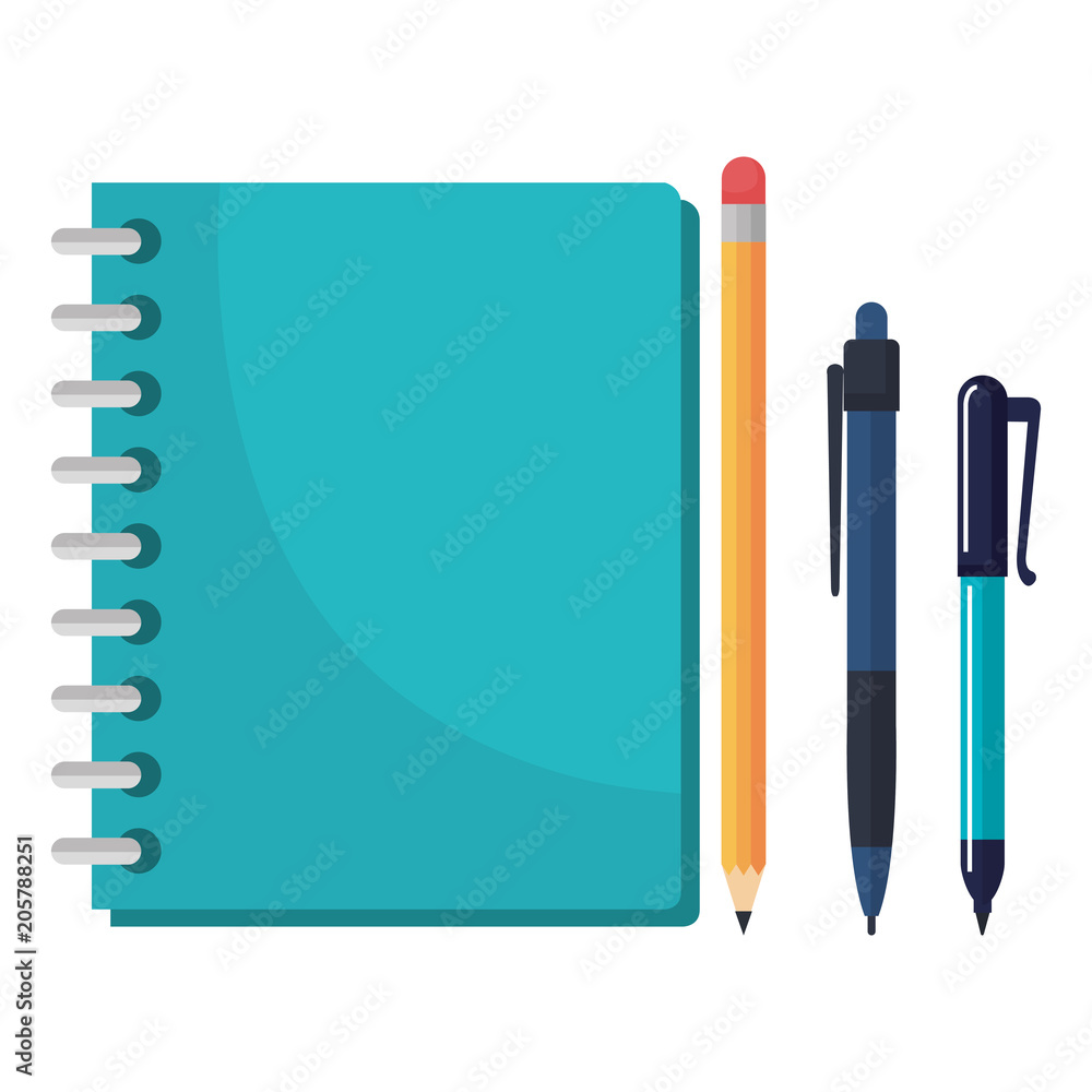 notebook school with pencil and pens vector illustration design notebook school with pencil and pens vector illustration design