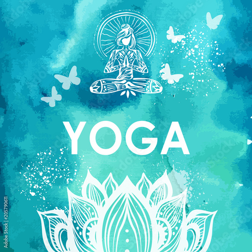 Girl in lotus yoga pose on watercolor background