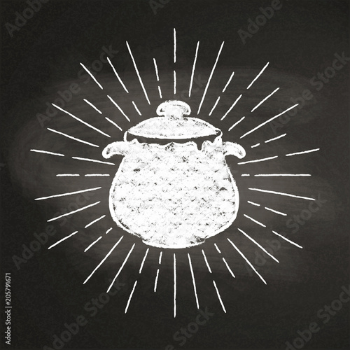 Chalk silhoutte of a boiling pot  with vintage sun rays on blackboard. Good for cooking logotypes, bades, menu design or posters. photo