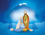 Christmas nativity scene with holy family -Joseph Mary baby Jesus and sheeps