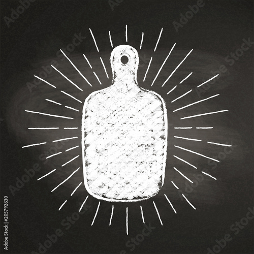 Chalk silhoutte of cutting board  with vintage sun rays on blackboard. Good for cooking logotypes, bades, menu design or posters.