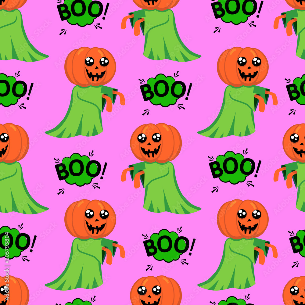 Naklejka premium Abstract seamless halloween pattern for girls or boys. Creative vector background with a pretty ghost with a head instead of a pumpkin halloween. Funny halloween pattern for textile and fabric.