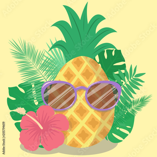 Vector image of pineapple in glasses, hibiscus flower and tropical plants. Summer illustration on a jute background.