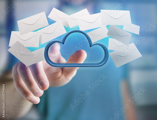 Blue cloud surrounded by realistic envelope email displayed on a futuristic interface - 3d rendering