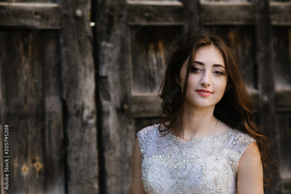 Fototapeta premium bride in wedding dress, beautiful brunette woman in national park near medieval castle, portret,