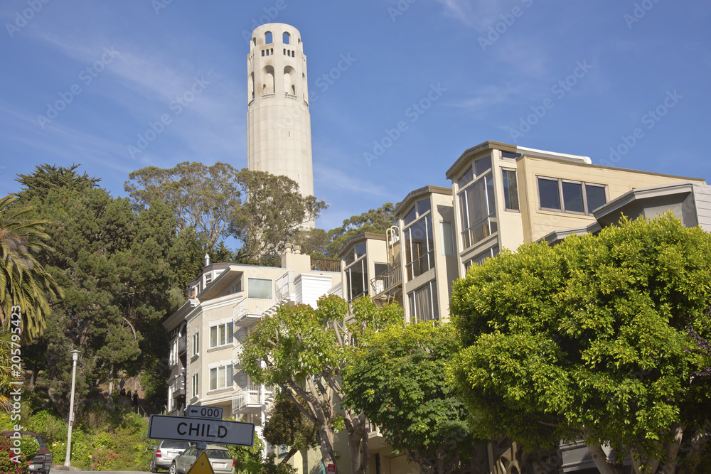San Francisco Coit tower residential neighborhood California.